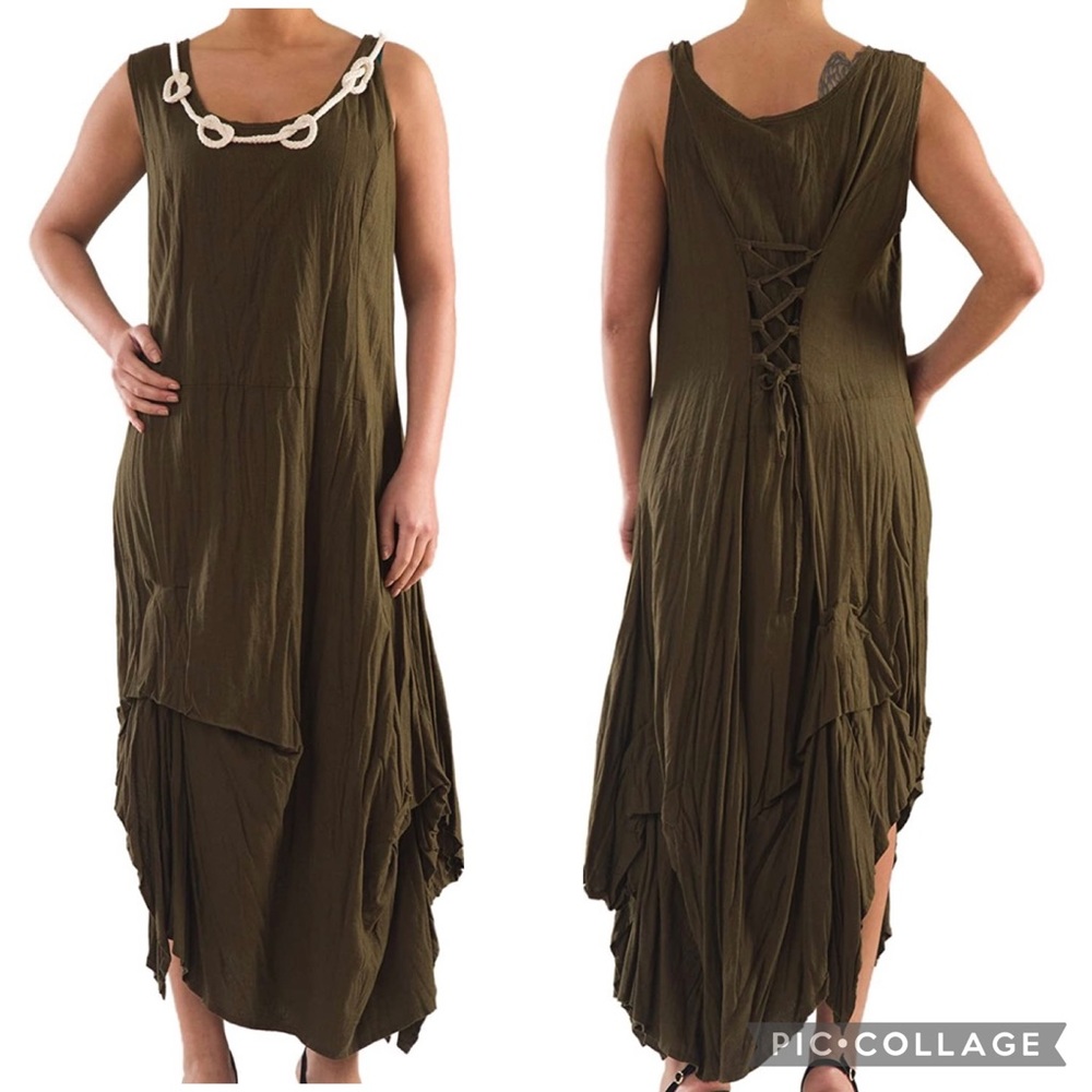 La Mouette Khaki/Green Nautical Linen Sleeves Lagenlook Dress